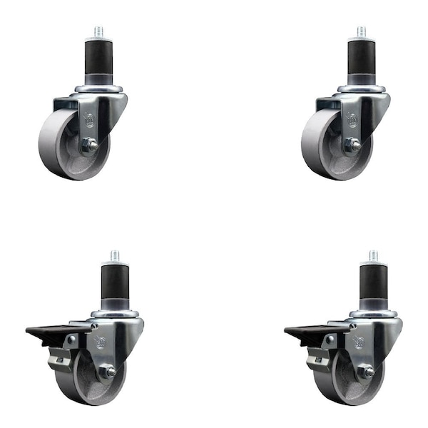 3'' Semi Steel Wheel Swivel 1-5/8'' Expanding Stem Caster Set 2 Brakes, 4PK